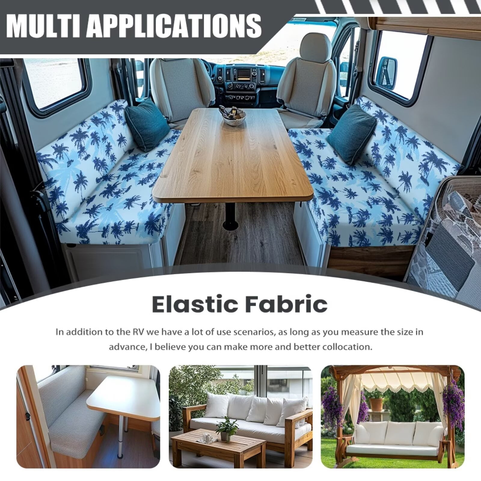 Uorisanigo Blue RV Dinette Cushion Covers, Stretch Coconut Tree Camper Dinette Seat Cover, Replacement RV Seat Cover, Cushion Slipcovers for Camper Include 1 Backrest & 1 Bench Covers