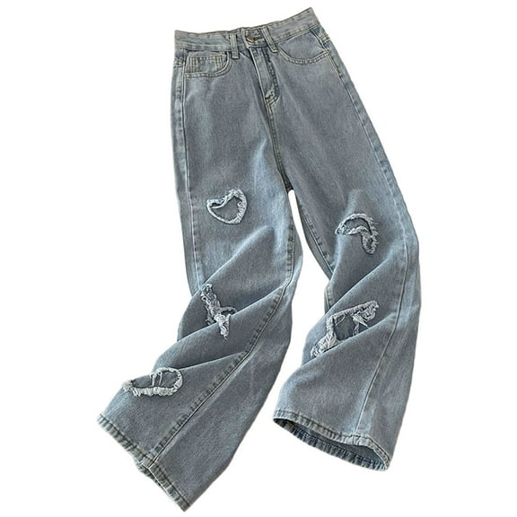 KAUOD Girls Baggy Jeans | Wide Leg Denim Pants, Children Elastic Waisted Distressed Pants with Pockets Streetwear Clothes
