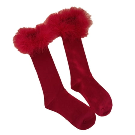 

Women Christmas New Year Holiday Red Knee High Socks with Faux Fur Feather Trim