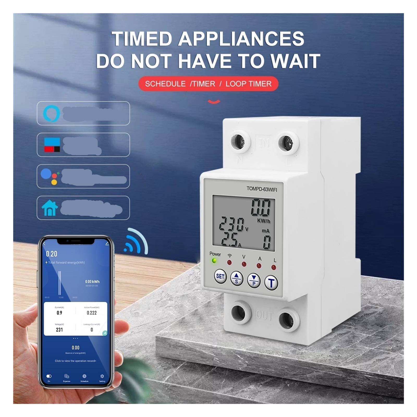 Multi-Functional Smart WiFi Circuit Breaker, with Current and Voltage Leakage Protection 63A