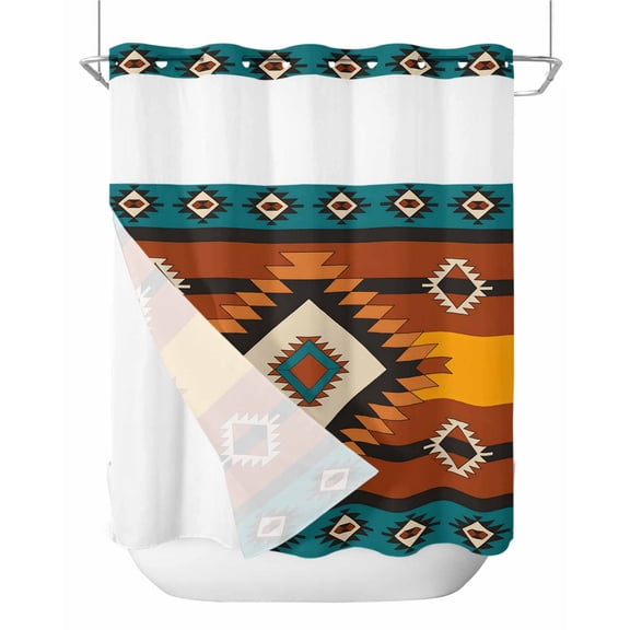 No Hook Shower Curtain with Snap-in Liner, Aztec Southwest Waterproof Fabric Bathroom Curtains, Orange Red Geometric Tribe Vintage Bath Curtains & Mesh Top Window 66"x72"