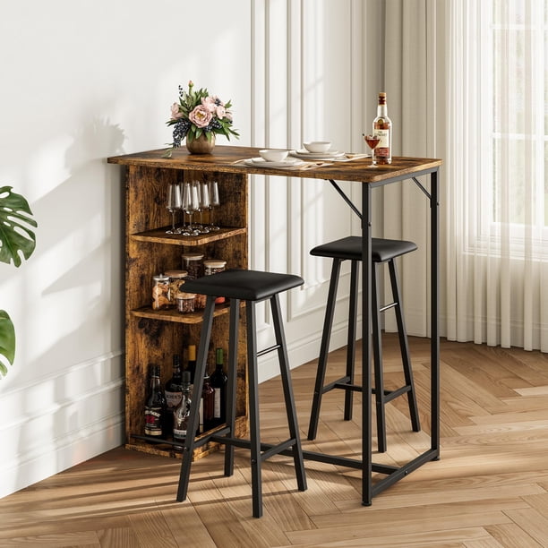 Yeshouse Juego de mesa y sillas de bar pequeñas de 3 piezas con 3 estantes de almacenamiento, mesa de comedor de cocina retro para 2 personas, muebles de apartamento que ahorran espacio con taburetes