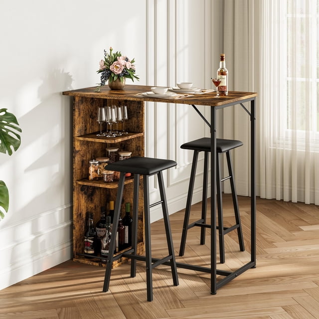 QinaQin 3-Piece Small Bar Table and Chairs Set with 3 Storage Shelves, Retro Kitchen Dining Set for 2