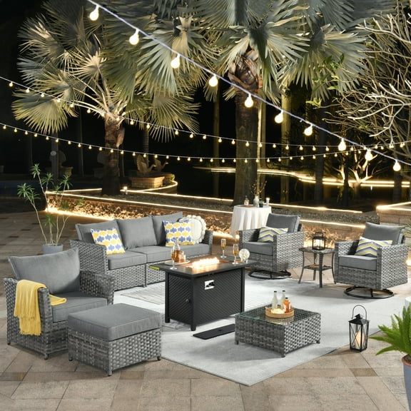 Vcatnet 10 Pieces Patio Furniture Set Outdoor Sectional Sofa All Weather PE Rattan Wicker Conversation Set with Swivel Rocking Chairs and Fire Pit Table for Garden,Porch,Dark gray