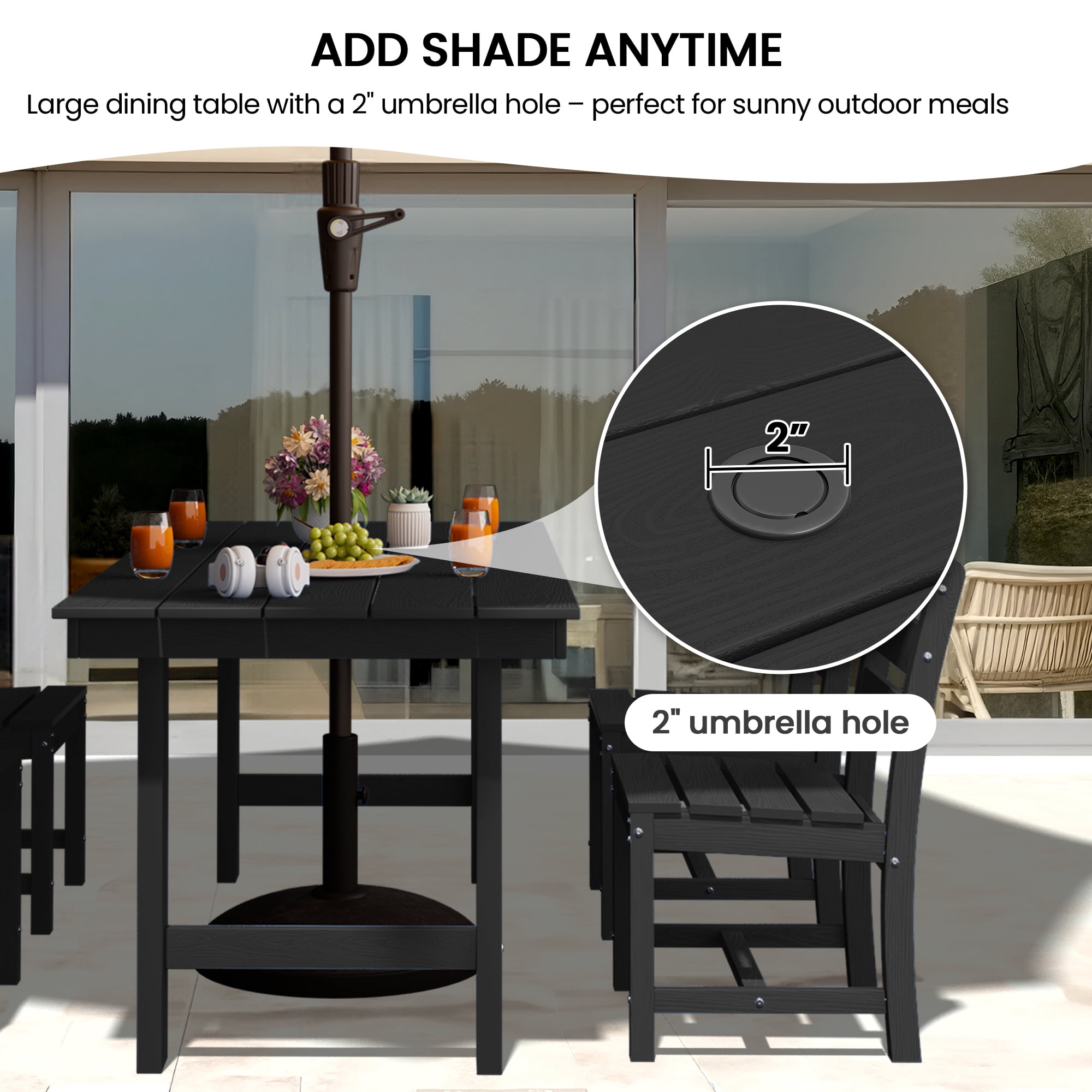 KINGYES 6 Piece Patio Dining Set, HDPE Outdoor Table and Chairs with Bench, Black