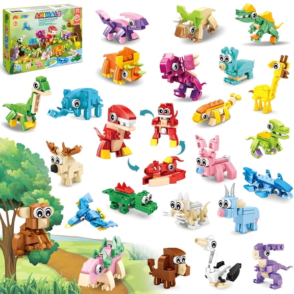 MOONTOY 24 Pack Party Favors for Kids, 740 PCS Mini Animals Building Blocks Toy, Dinosaur Building Blocks for Birthday, Goodie Bag Stuffers, Classroom Prizes for Boys Girls Ages 3-12