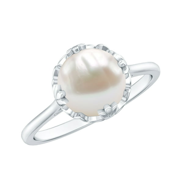 Rosec Jewels Freshwater Pearl Solitaire Ring in Floral Setting (8 MM, 7.50 CT, AAA Quality), 925 Sterling Silver, US 4.00