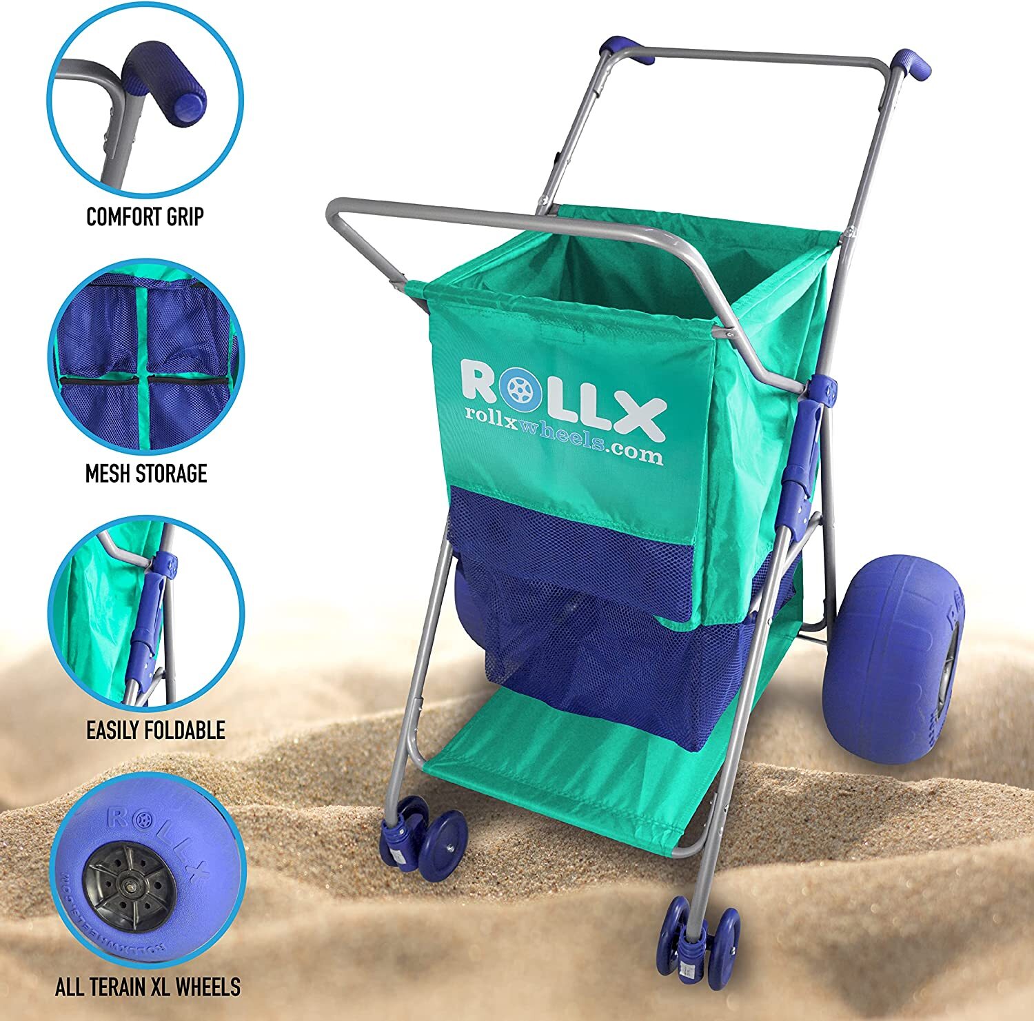 RollX Heavy Duty Beach Cart, 13-Inch Balloon Wheels for Sand, Foldable ...