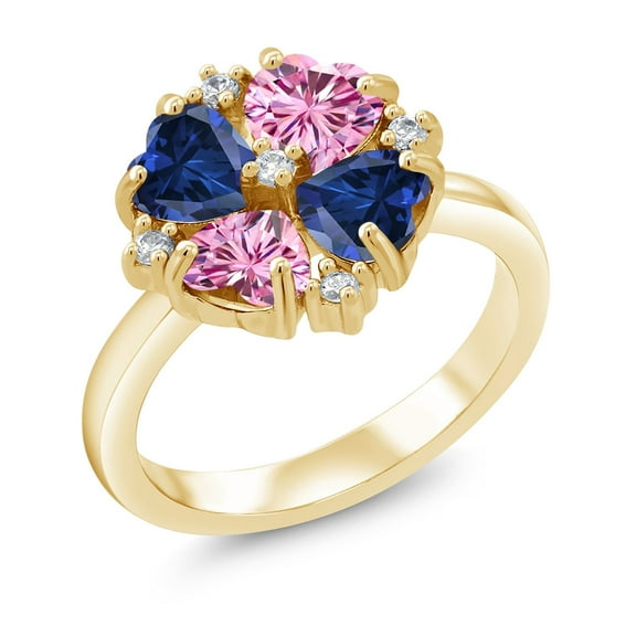 Gem Stone King 18K Yellow Gold Plated Silver Blue Created Sapphire and Pink Moissanite Ring for Women (2.08 Cttw, Heart Shape 5MM, Gemstone September Birthstone, Size 6)