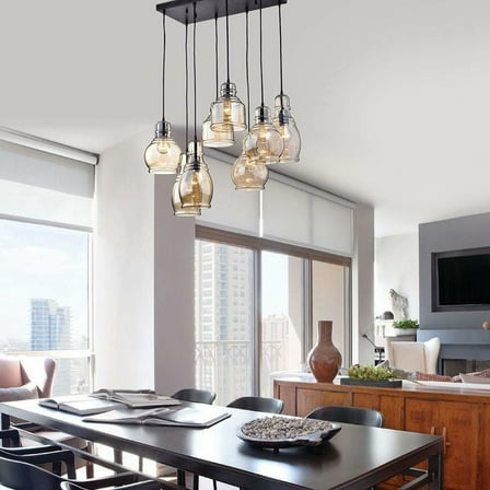 AFANQI Black Chandelier 8 Lights, Kitchen Island Lighting Industrial Chandelier with Clear Glass Shade, Farmhouse Pendant Light