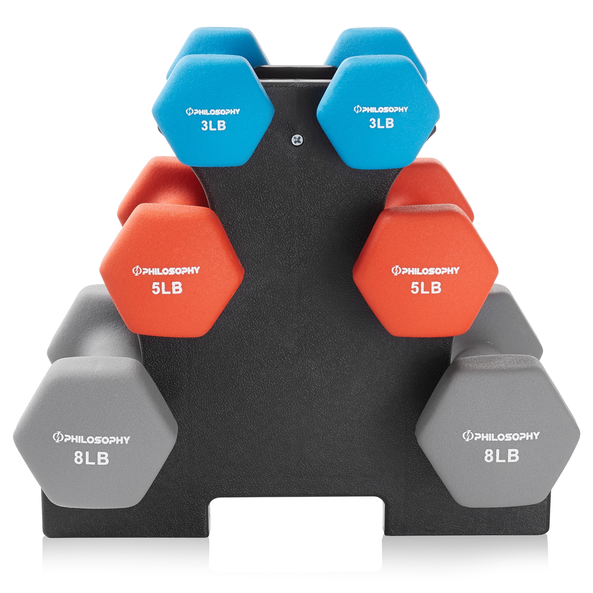 Philosophy Gym Neoprene Dumbbell Hand Weights with Stand, 32 lbs (3 lb, 5 lb, 8 lb Pairs)