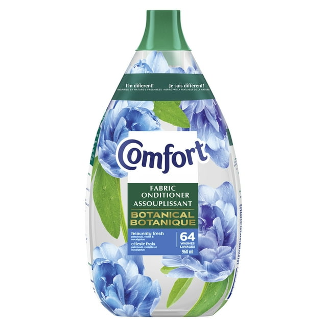 Comfort Botanical Fabric Conditioner Heavenly Fresh scent with patchouli, violet, and eucalyptus for 64 washes in a 960ml bottle.