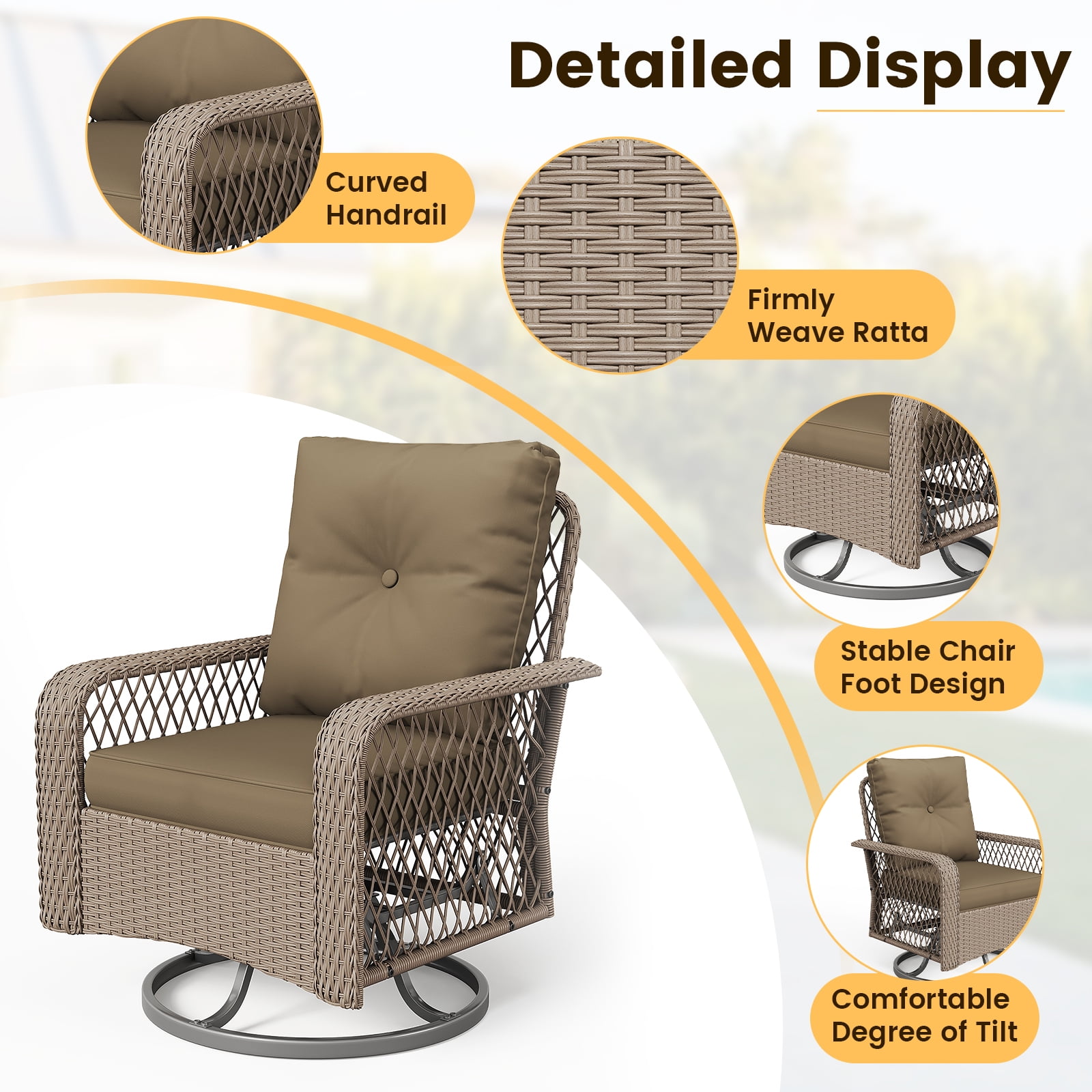 ELPOSUN 3-Piece Patio Furniture Set, Outdoor Wicker Swivel Glider Chair with Glass Top Table and Cushions, Brown