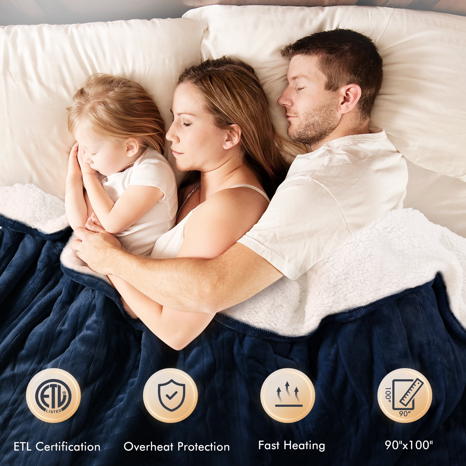 MARNUR Electric Heated Blanket King Size 90''x100'', Fast Heating with Dual Controllers, 10 Heating Levels, 10H Timers, Preheat Function - Dark Blue