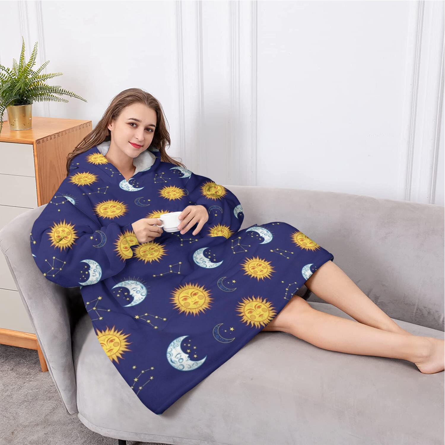 Oversized Wearable Blanket Hoodie,Blue Sun Moon Constellation Pattern Sherpa Blanket Hoodie with Super Pockets,Super Warm Fuzzy Pullover for Women & Men