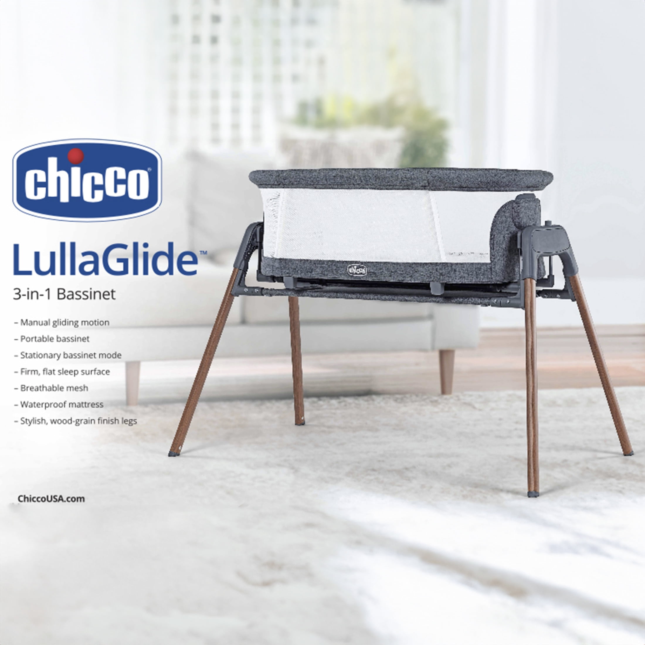 Chicco LullaGlide 3-in-1 Bassinet - Luna (Grey), New