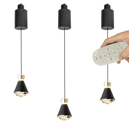 

FSLiving Adjustable Height Track Pendnat Light J-Type Retractable Lift Light by Remote Control with Stepless Dimming Indoor Island Light Adjustable Wire Length Cone Lamp Glossy Black - Set of 3
