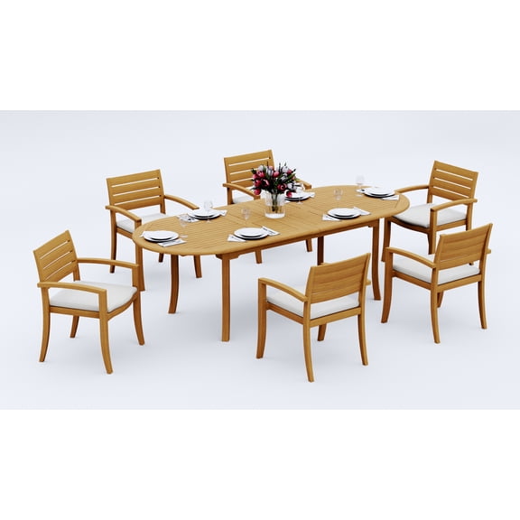 Grade-A Teak Dining Set: 6 Seater 7 Pc: And 6 Travota Arm Chairs Outdoor Patio WholesaleTeak #51TV2206