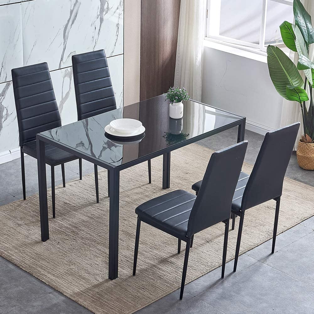 URHOMEPRO 5 Piece Black Kitchen Table Set, Dining table set with 4 Chairs, Dining Room Table 