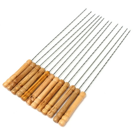 12Pcs Steel Metal BBQ Roast Barbecue Skewer Grill Kebab Needles Stick Wood Barbecue Needles Stick