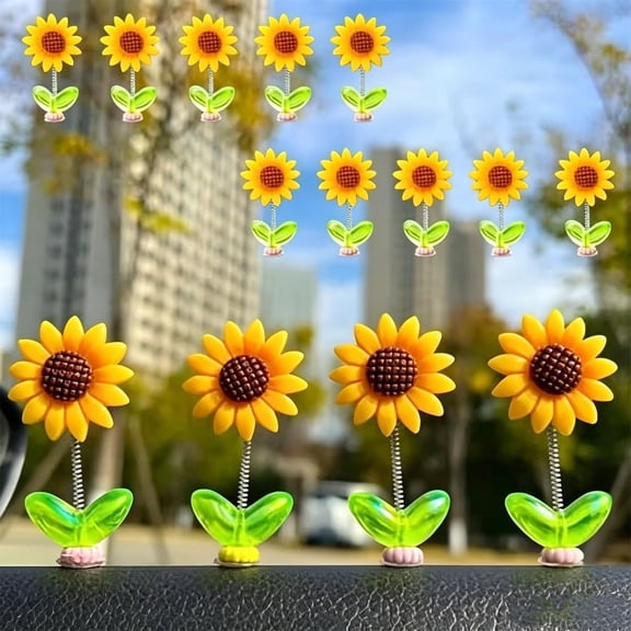 10 Pack Spring Wobbly Flower Car Dashboard Ornament, Shaking Sunflower Decor with Adhesive Base, Cute Car Accessories for Rearview Mirror Desk