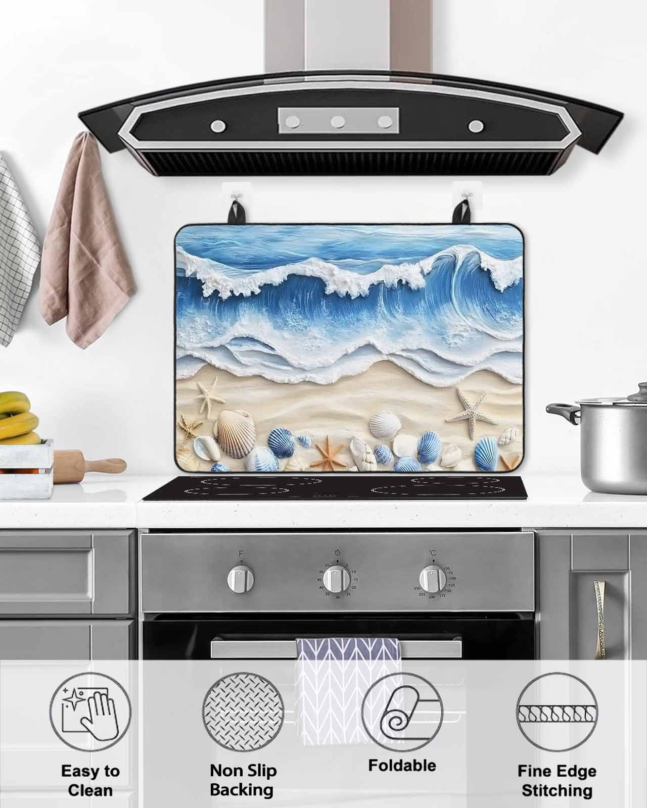nqOlkjepod Large Induction Cooktop Protector Mat 36"x21", Coastal Blue Stove Top Covers for Electric Stove, Starfish Beach Ocean Shell Sand Painting Stove Burner Cover Mats, Glass Top Stove Cover