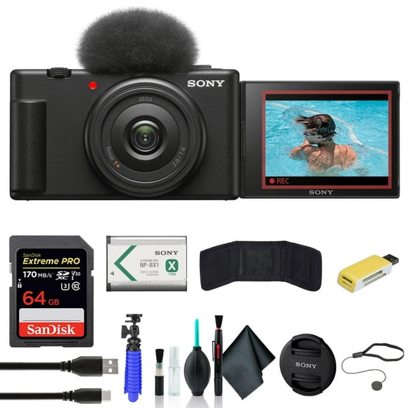 Cámara de vlogs Sony ZV-1F negra con funda y tarjeta de 64 GB