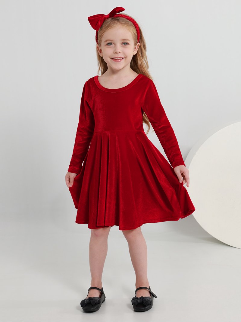 red velvet long sleeve skater dress Silvercell 1-9t Toddler Girls Christmas Velvet Twirl Dresses + Headband, Little Girl Casual Long Sleeve Swing A-Line Skater Party Dress, 1-9 Years,