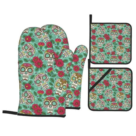 

Oven Mitts and Pot Holders Sets 4 pcs - flower skull_A Heat Resistant Silicone Oven Gloves with Non-Slip Silicone Surface and hot pads for kitchen Baking Cooking BBQ
