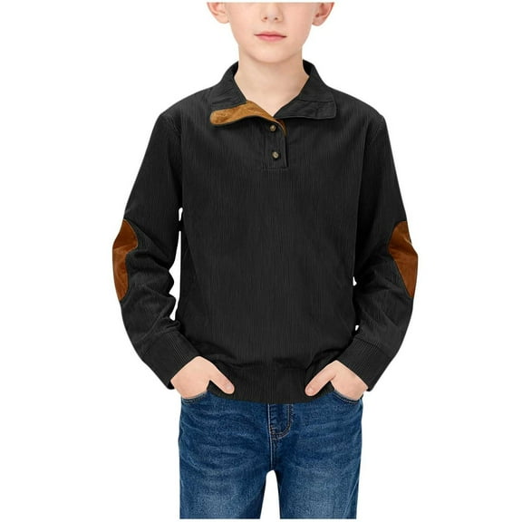Tdoqot Boys Corduroy Sweatshirt- Pullover Long Sleeve Casual Retro Spring Fall Kids Lapel Shirts Black Size 5-14