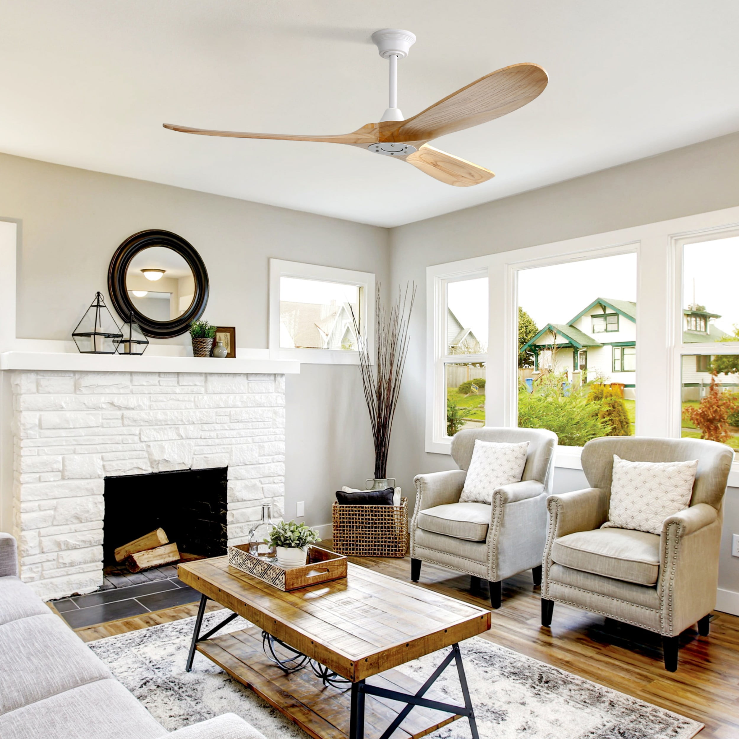 Sofucor 60" Ceiling Fan no Light, Outdoor Ceiling Fans for Patios Without Lights, Remote Control, Solid Wood 3 Blades, Quiet, Indoor Ceiling Fan for Living Room, Patio, Bedroom, Porch, Farmhouse