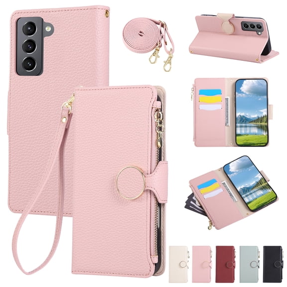 Crossbody Wallet Case for Samsung Galaxy S22 with Wrist Strap & Shoulder Strap, Zipper Purse with Magnetic Clasp Stand Card Holder, PU Leather Shockproof Cover for Samsung Galaxy S22, Pink