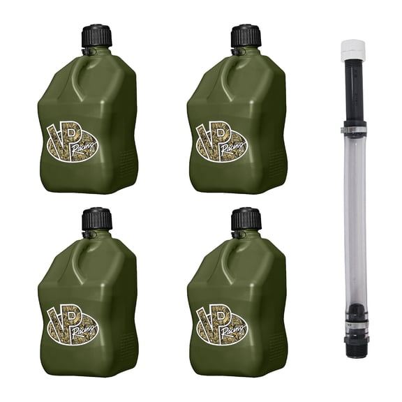 VP Racing Fuels Utility Jug With Filler Hose, Portable - 4 Pack, 5.5 Gal, Camo, 14 In Hose