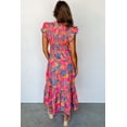 thumbnail image 3 of Women's Rose Red Boho Floral V Neck Ruffle Tiered Long Dress, 3 of 8