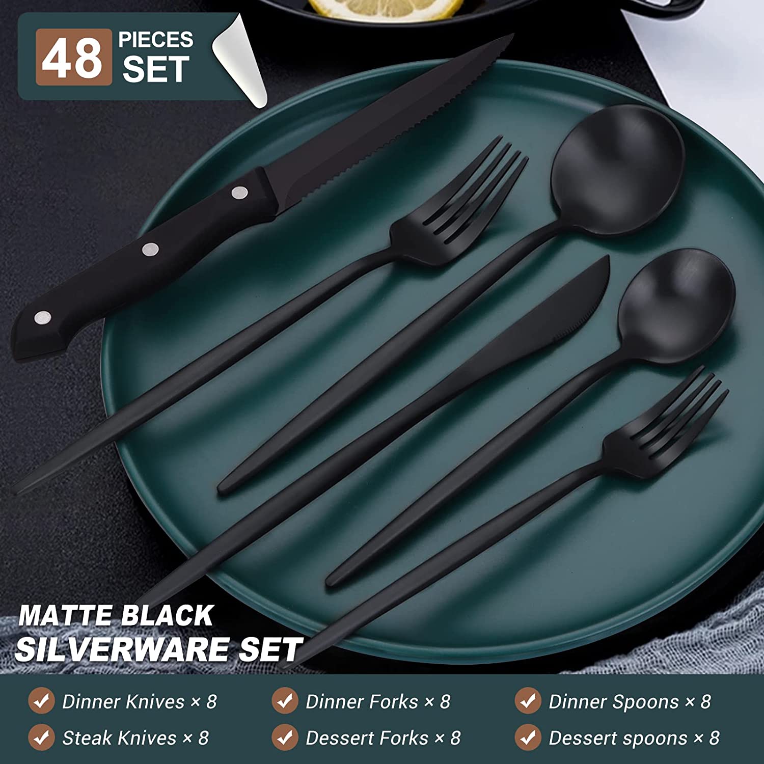 48-Piece Black Silverware Set with Steak Knives, Black Flatware Set for 8,  Food-Grade Stainless