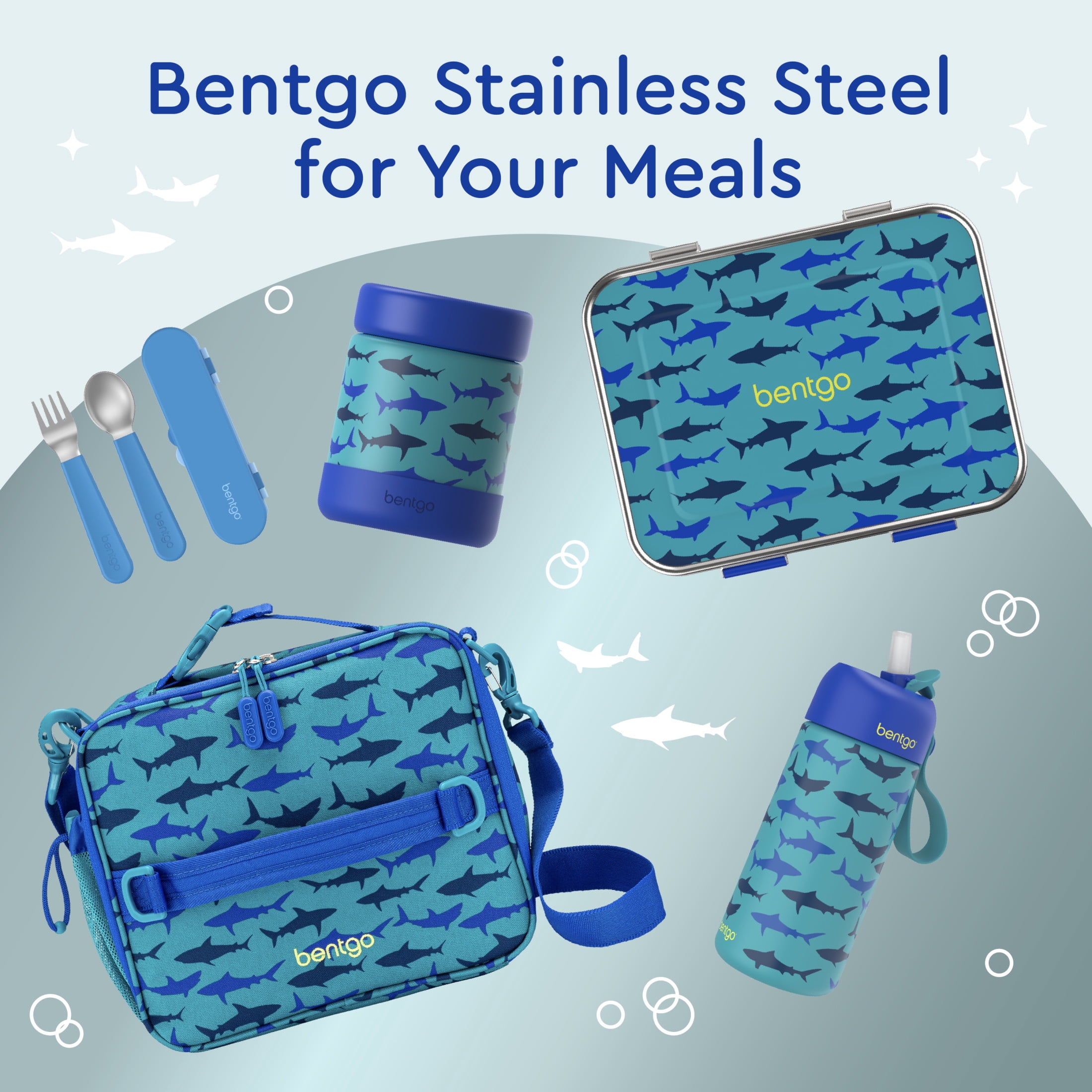 Bentgo Kids Stainless Steel Prints Leak-Resistant Lunch Box - 3-Compartments with Bonus Silicone Container, Durable, Eco-Friendly, Dishwasher Safe, BPA-Free, Ideal for School, Ages 3+ (Shark)