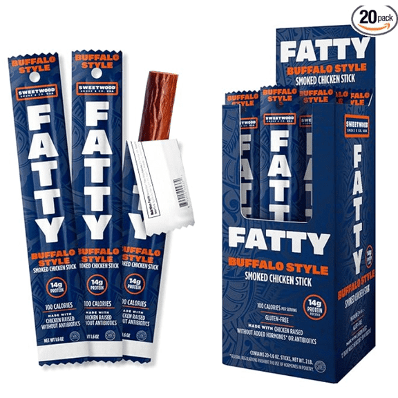 FATTY Smoked Chicken Sticks Raised Without Added Antibiotics, Buffalo Flavor, 14g Protein Per Stick, 1.6 oz. (Pack of 20)