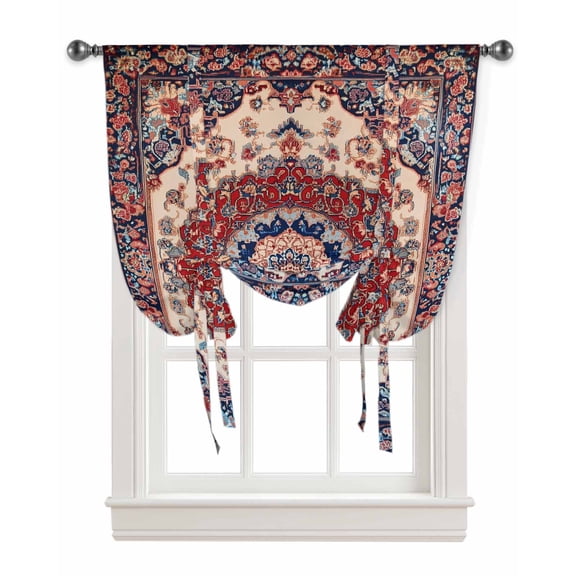 Red Navy Blue Boho Tie Up Curtains for Window, Vintage Ethnic Geometric Thermal Insulted Balloon Shade Adjustable Rod Pocket Curtains Valance Panels for Kitchen Bathroom Café 42 x 45