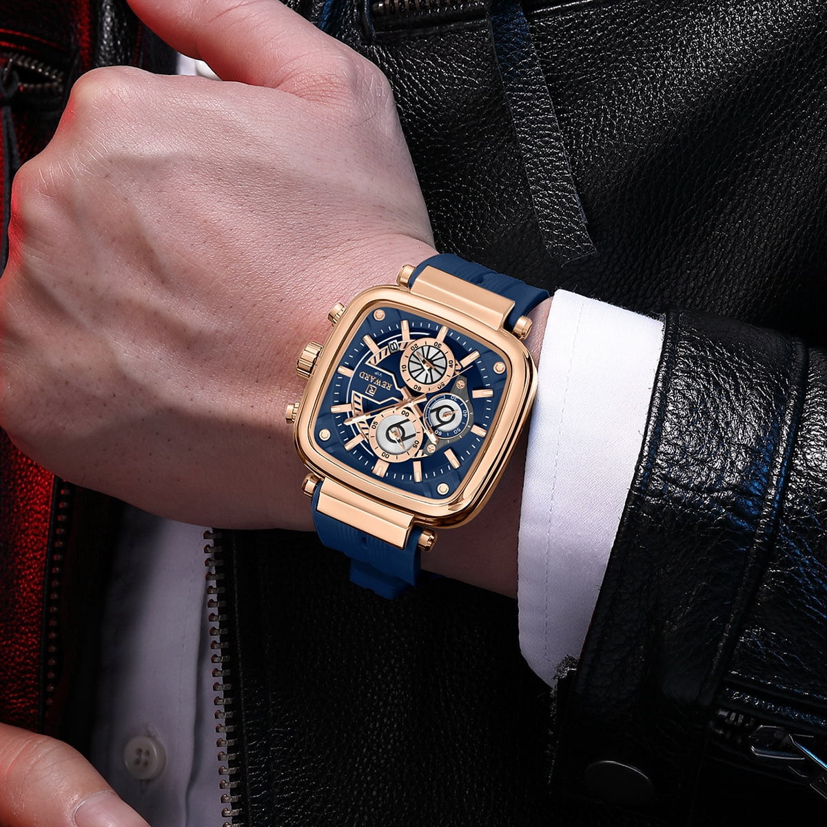 Square Watches for Men, Blue Silicone Chronograph Calendar, Fashion Sports Watch, Luminous Waterproof, Casual Wrist Watches, Rose Gold Case