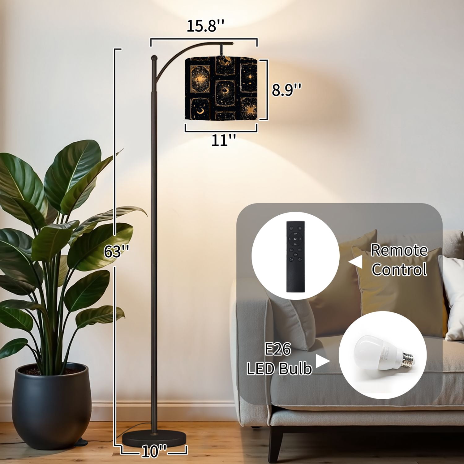 Arc Floor Lamp with Adjustable Lampshade Celestial Sun Moon Stars Gold Black Mystical Standing Lamp 3 Color Temperatures Dimmable Tall Pole Lamp with Foot Switch for Bedroom Reading Room