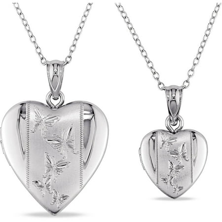 - Sterling Silver Set of Mother and Me Butterflies Heart Locket Pendants, 18, 14