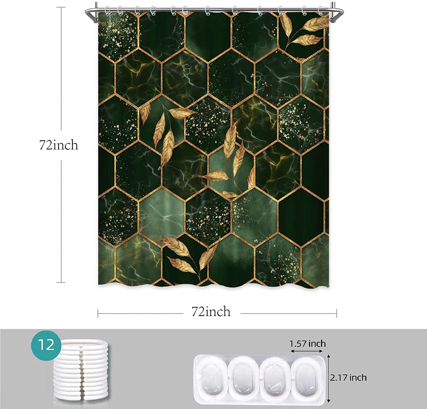 Dark Green Shower Curtain Emerald Marble Bath Curtain Gold Decor Leaves Geometric Fabric Bathroom Shower Curtains