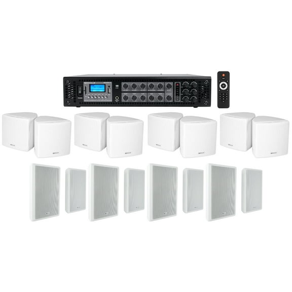 Rockville 6-Zone Amp (8) 3.5" White Cube (8) Wall Restaurant/Bar/Cafe Speakers