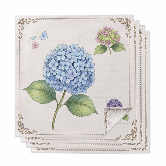 Blue Hydrangea Floral Cloth Napkins, Farmhouse Flowers Blossom Washable and Reusable Dinner Napkins Set of 4, Table Napkin for Kitchen Party Birthday Wedding Hotel Housewarming 20"x20"