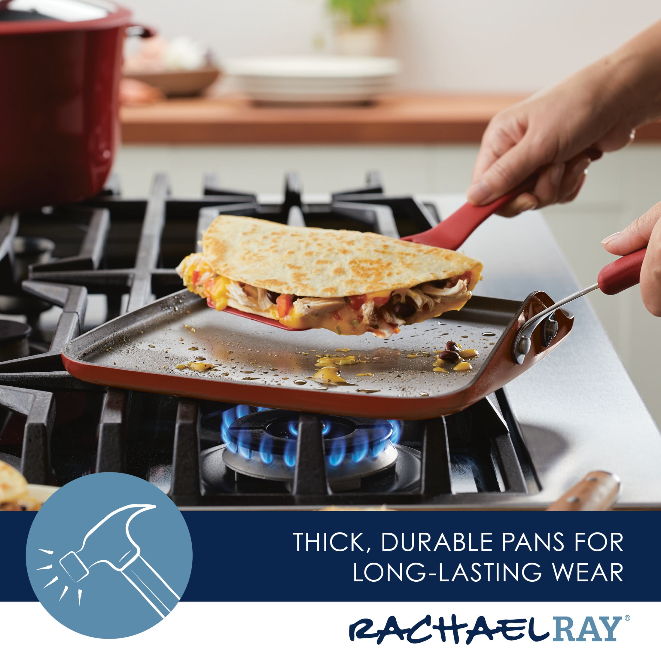 Rachael Ray Cook + Create Nonstick Aluminum Square Stovetop Griddle Pan, 11 inch, Red