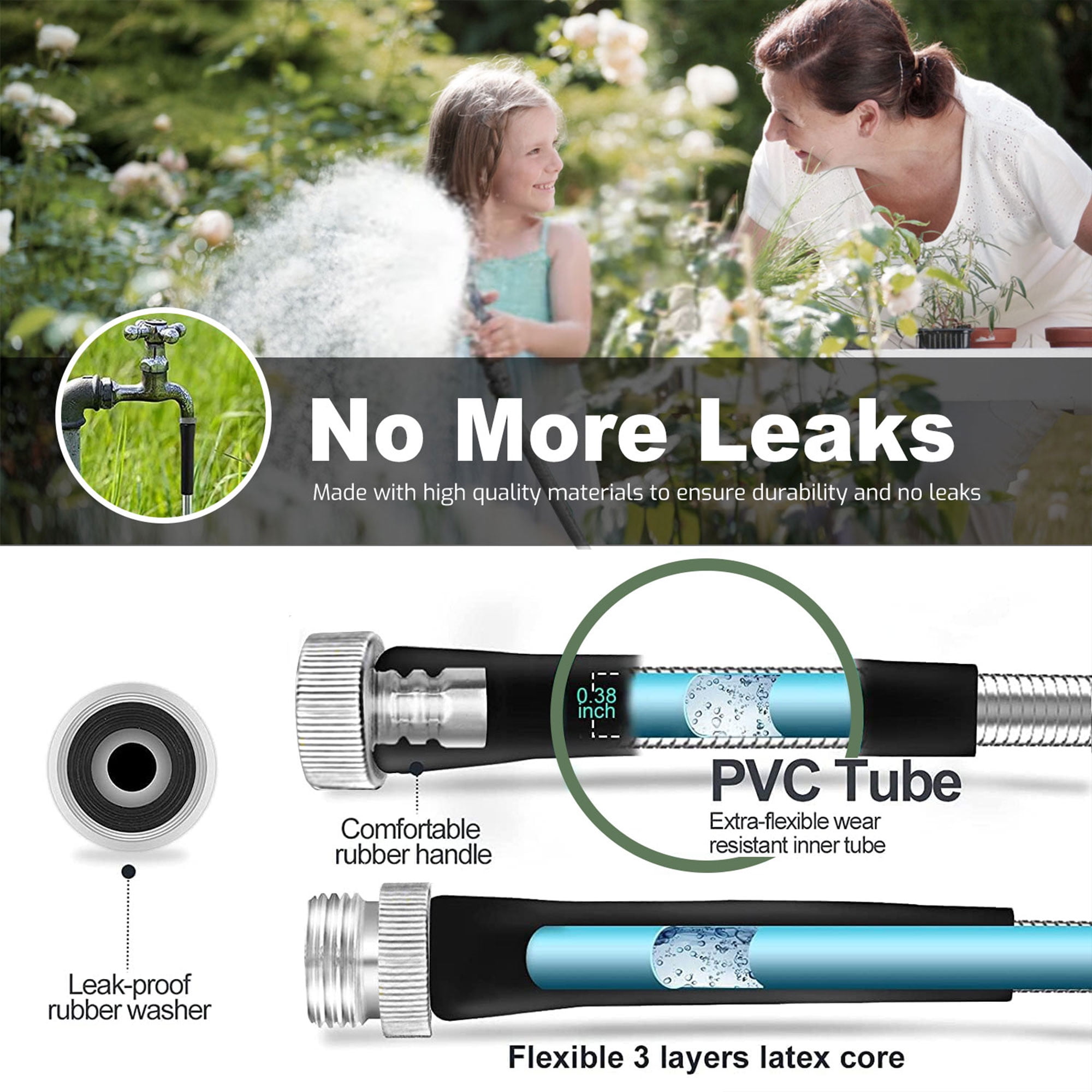 GVDV Garden Hose, 3/4 inch x 100ft Metal Water Hose with Spray Nozzle, Leak Proof, Tangle Free, 550PSI