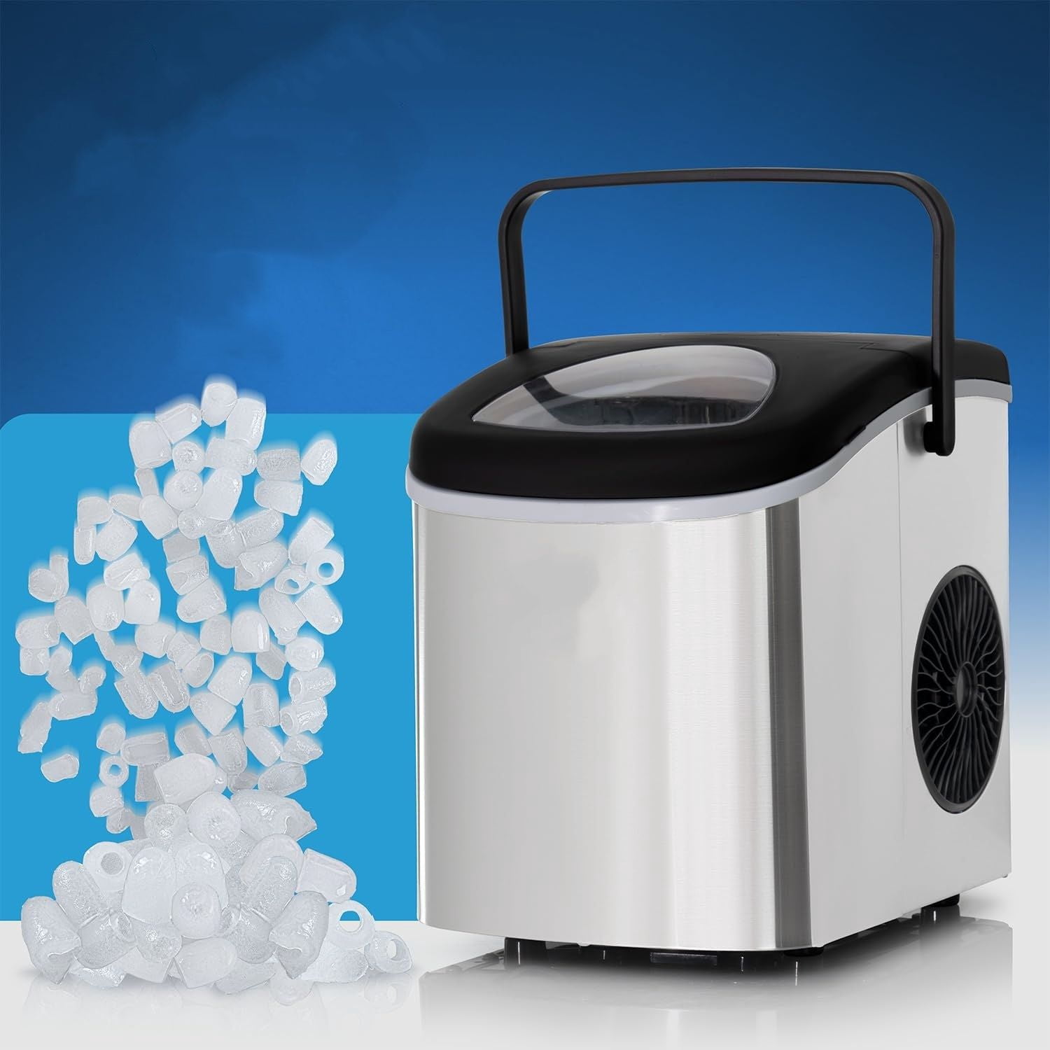 Compact Countertop Ice Maker, 26LBs in 24HRs, 9 Bullet Ice Cubes Ready in 6 Minutes, Lightweight and Portable with Handle, Ice Basket, and Ice Scoop, Stainless Steel