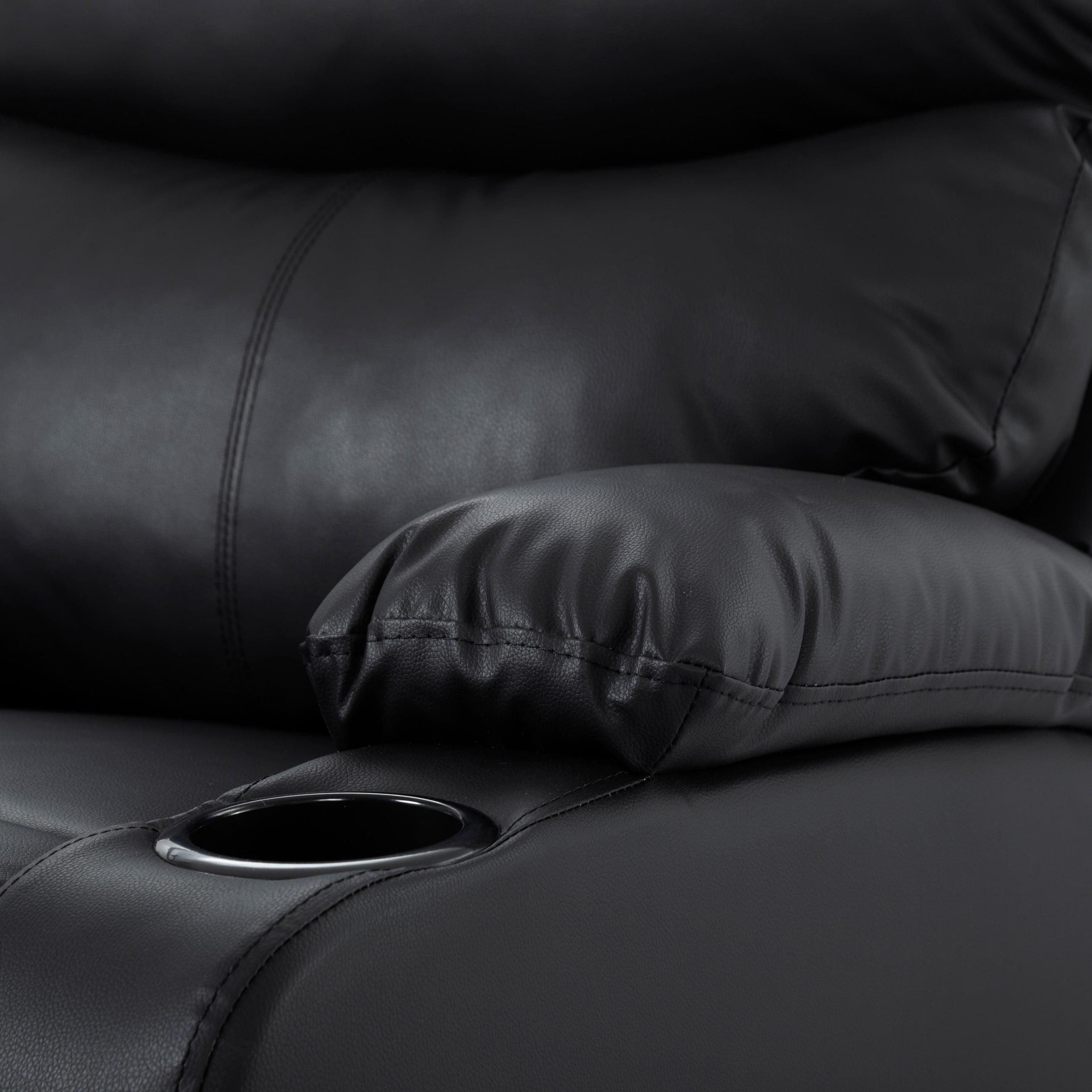 BSHTI Manual Recliner Chair with Phone Holder & Cup Holders, PU Upholstery, Ergonomic Backrest, Solid Wood Frame for Living Room & Bedroom(Black)