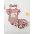 thumbnail image 4 of BemeyourBBs Newborn Baby Girls Summer Clothes Baby Girls Daddy's Girl Outfit 0 3 6 12 18 Months Letters Print Short Sleeve Ribbed Romper Floral Ruffled Shorts Set Hairband, 4 of 9