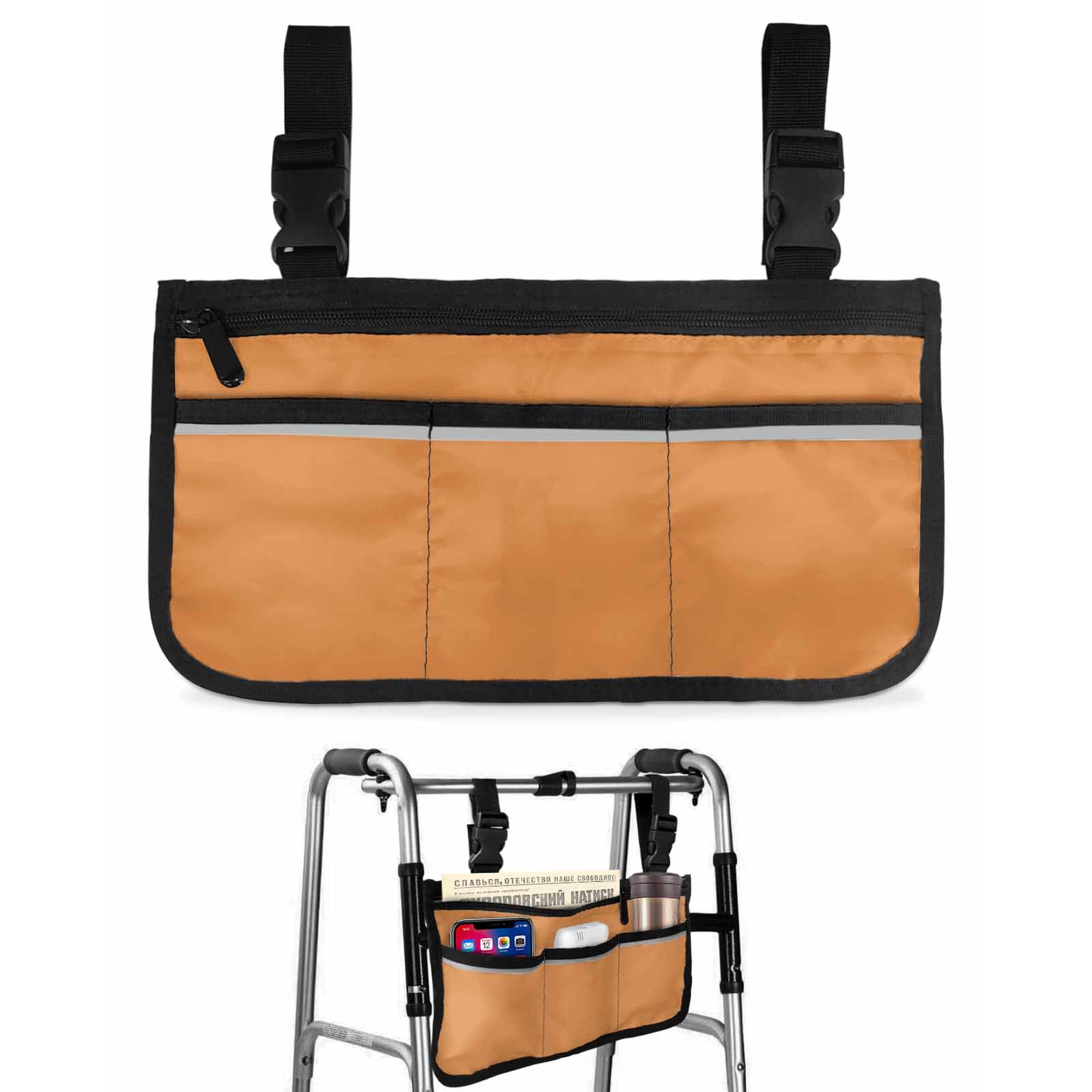 Orange Wheelchair Side Bag with Cup Holder, Apricot Color Solid Background Sunset Autumnal Rustic Farmhouse Wheelchair Armrest Bag Storage Pouch Adults, Seniors for Walkers, Rollator, Scooter